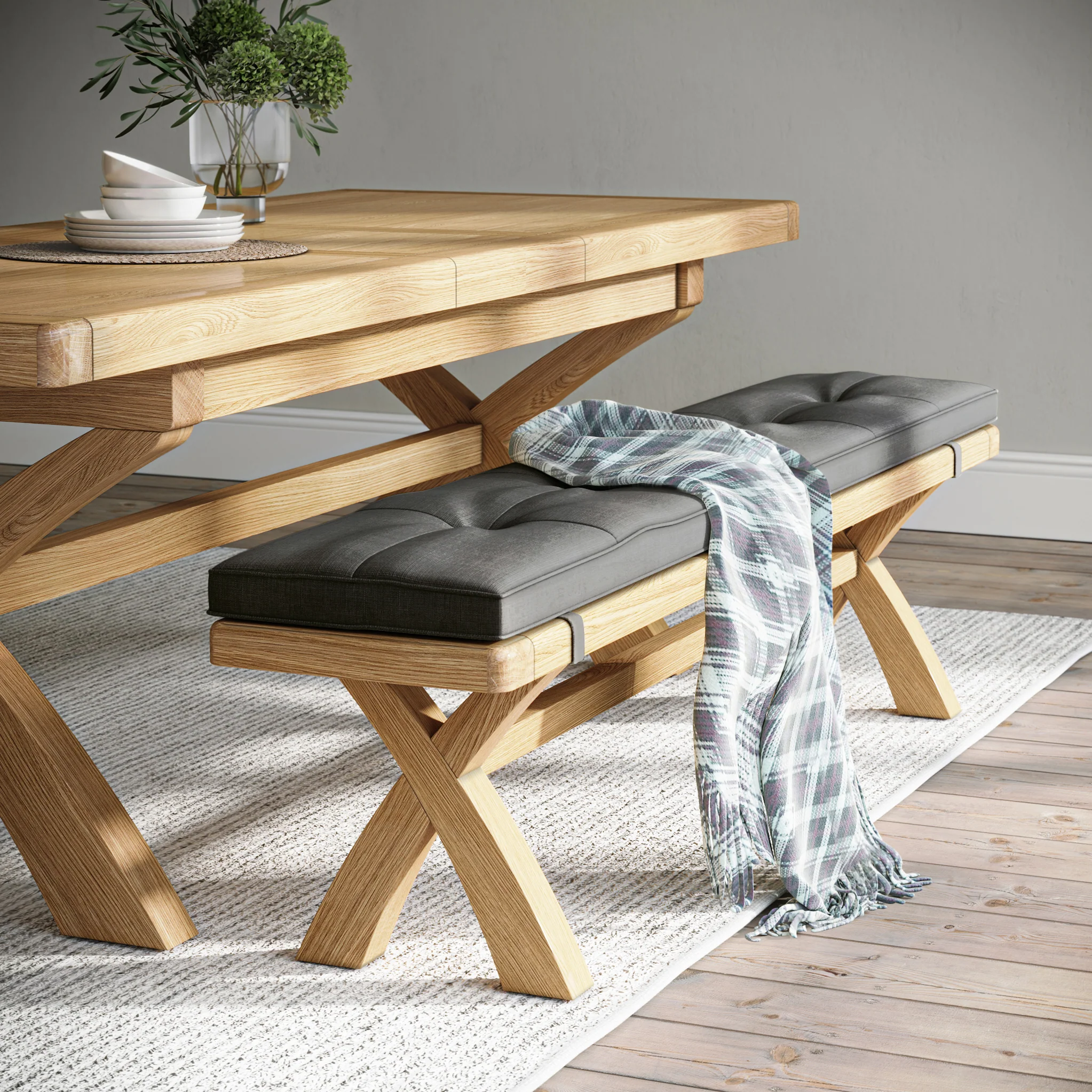 Portland Oak 200cm Cross Legged Dining Bench - Image 2